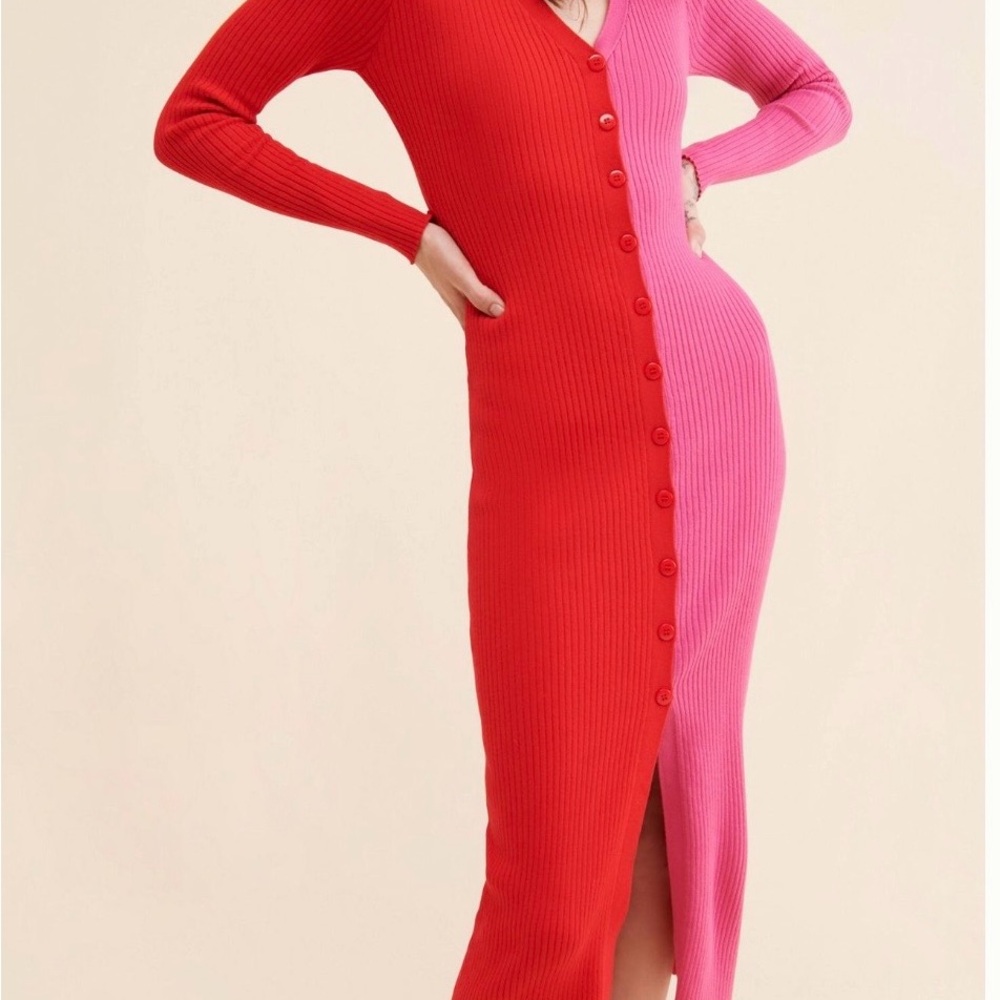 Elegant Red and Pink Long Sleeve Knit Dress